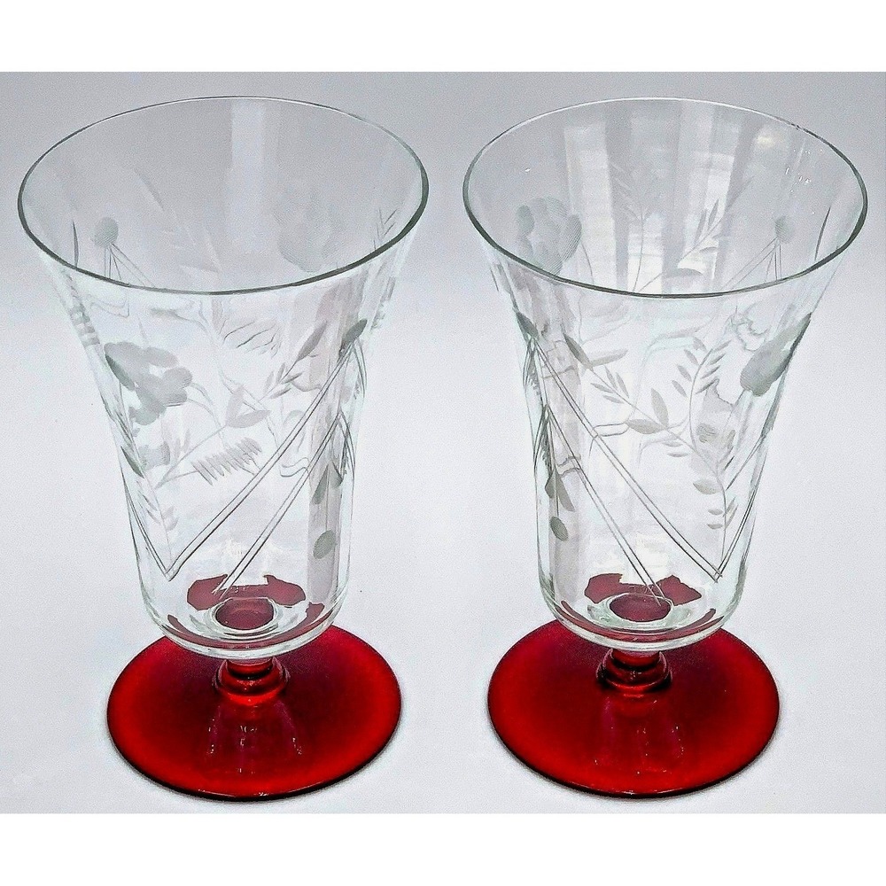 2 Bohemian Clear Cut Vintage Goblets, Ruby Base Optic Deep Panel Bowl Wine Water